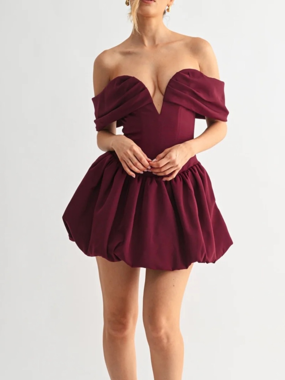 Off-Shoulder Pleated Bodice Bubble Hem Mini Sweetheart Dress